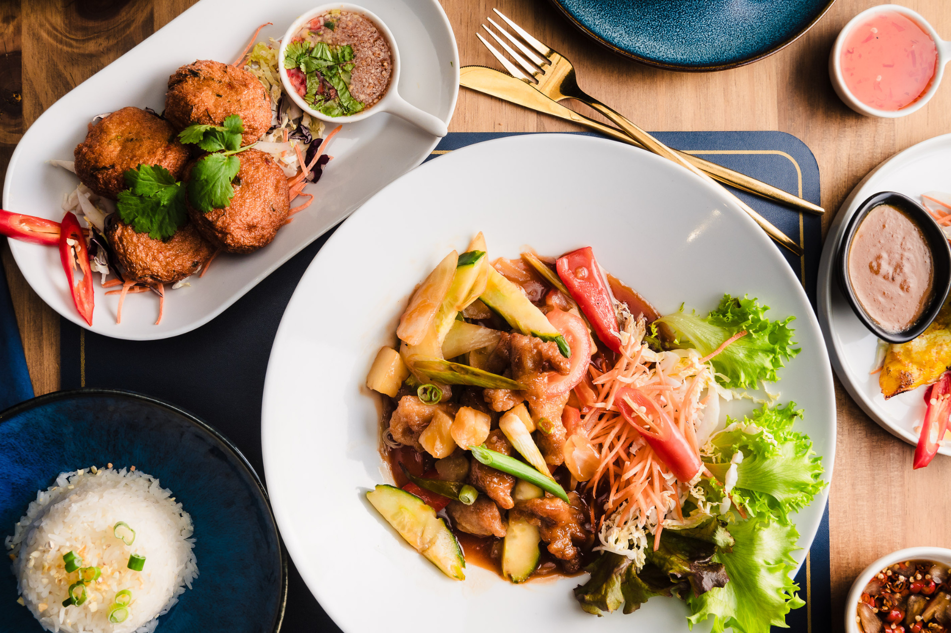 beef massaman curry with jasmine rice and a thai slaw